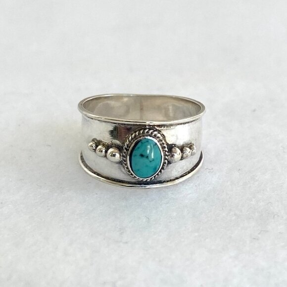 Sterling Silver 925 Oval Bezel Set Turquoise Cabochon Cigar Band Ring Sz 6.75 - Picture 3 of 16